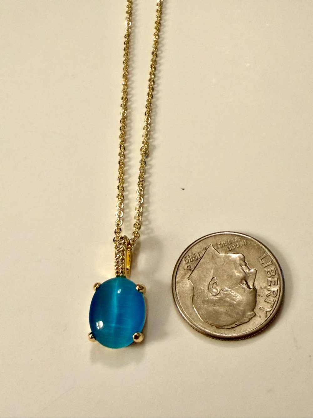 ๐ 14k Gold Plated Chain Necklace with Blue Oval Pendant 16โ+2โext. - Picture 6 of 6